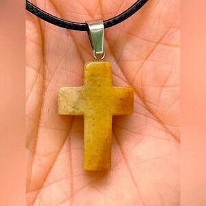 Carmel Adventurine Cross Natural Braided Stainless Steel Necklace NWT